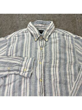 J.Crew Linen Shirt Men M Blue White Striped Classic Fit Mercantile 42"